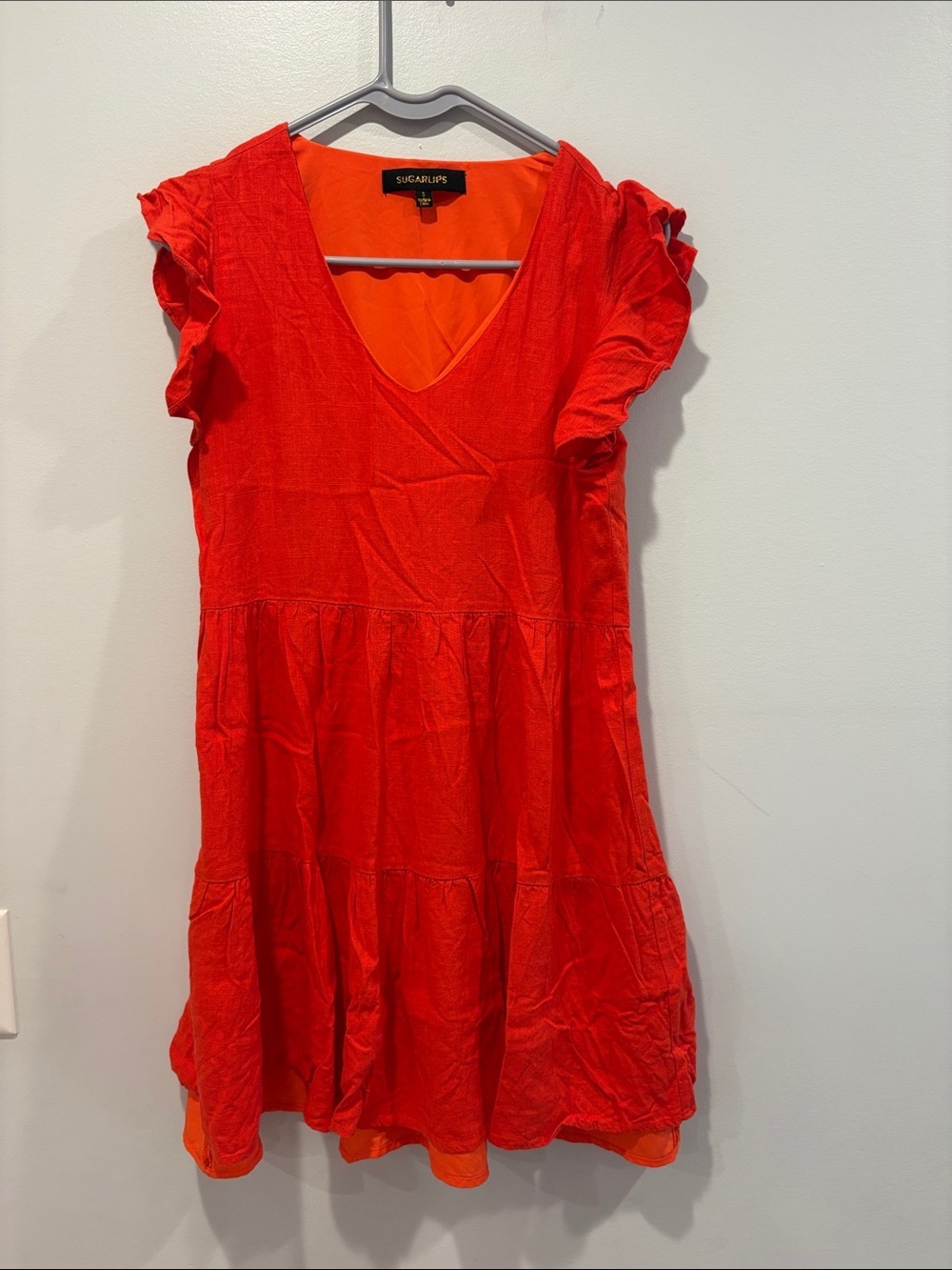 Sugarlips dark orange V-Neck Tiered Flutter Sleeve Mini Dress ptp 17 length 32